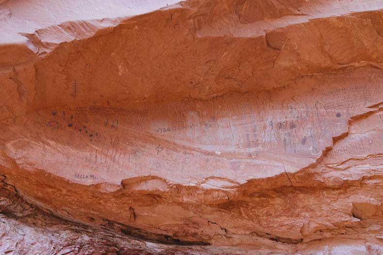 Modern and old graffiti in Black Dragon Canyon.