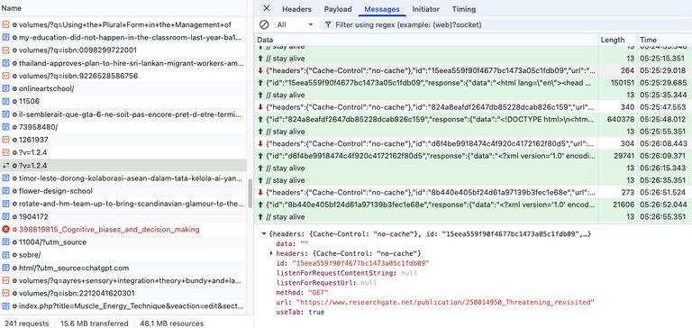 The WebSocket record of instructions my computer received from the MyBib extension. The red down arrows are the instructions and the green up arrows are my computer sending a response. This is from the DevTools page for the service worker of the extension. The WebSocket record of instructions my computer received from the MyBib extension. The red down arrows are the instructions and the green up arrows are my computer sending a response. This is from the DevTools page for the service worker of the extension.