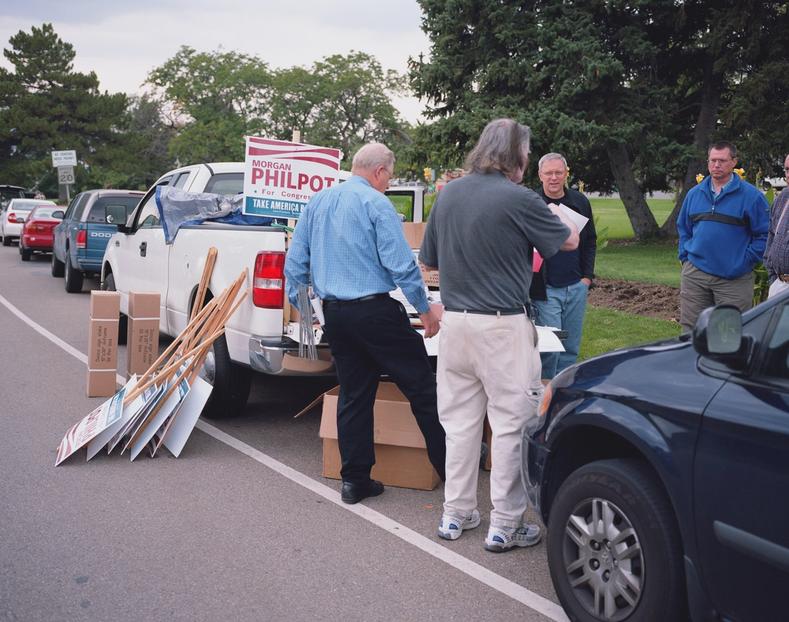 Members of the Davis County Tea Party canvasing the surrounding suburbs and installing signs for the Morgan Philpot campaign in 2010. Segments of the neighborhood were assigned to teams, which were given a share of signs and leaflets. One of the provided materials was a map of household political affiliation. Much of this information is public record and allowed for these teams to skip certain politically affiliated homes and concentrate on unaffiliated households.