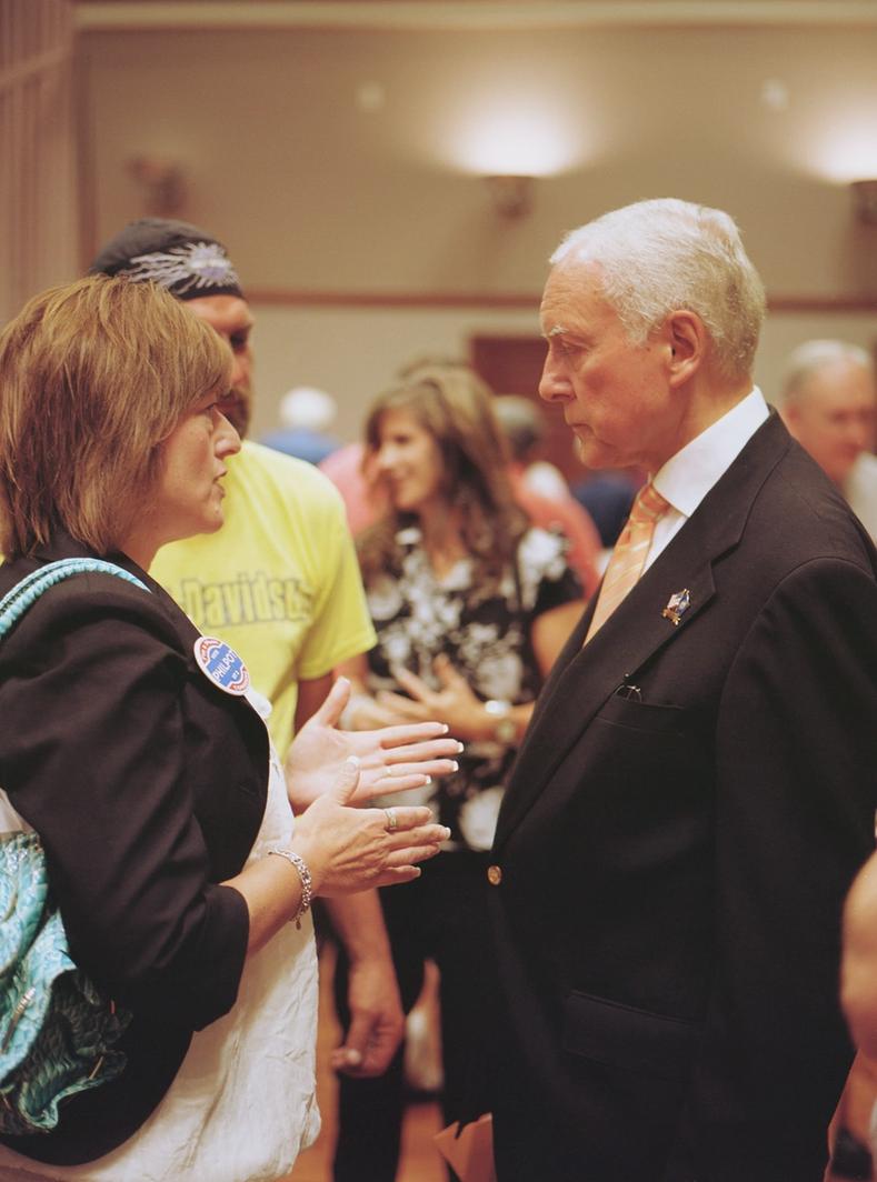 Senator Orrin Hatch (R-UT) talking with members of Davis County Tea Party after a town hall meeting at Farmington City Hall. During the meeting he said he was glad people were ‘mad as hell’ about the state of federal politics.