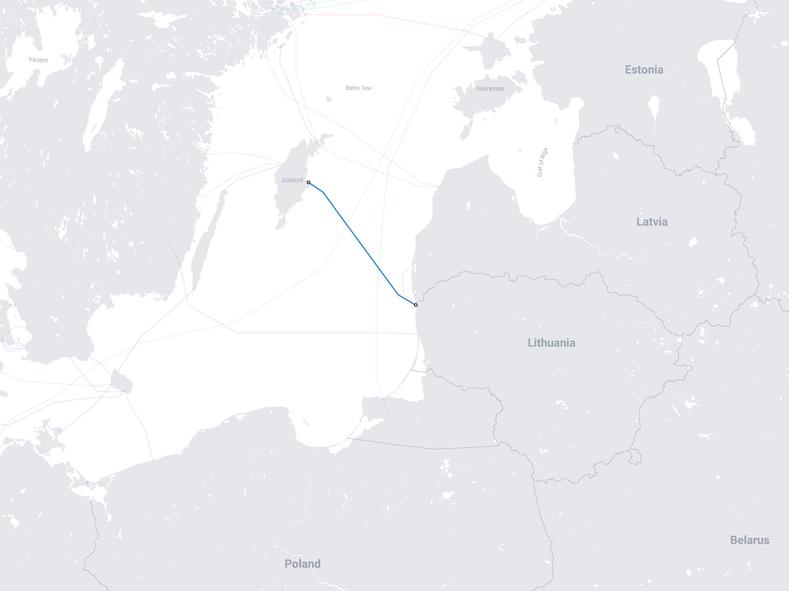 Map of the BCS East-West Interlink Submarine Cable path from Lithuania to Sweden. Source: TeleGeography.