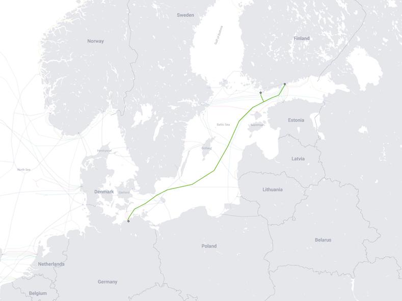 Map of the C-Lion1 Submarine Cable path from Finland to Germany. Source: TeleGeography.