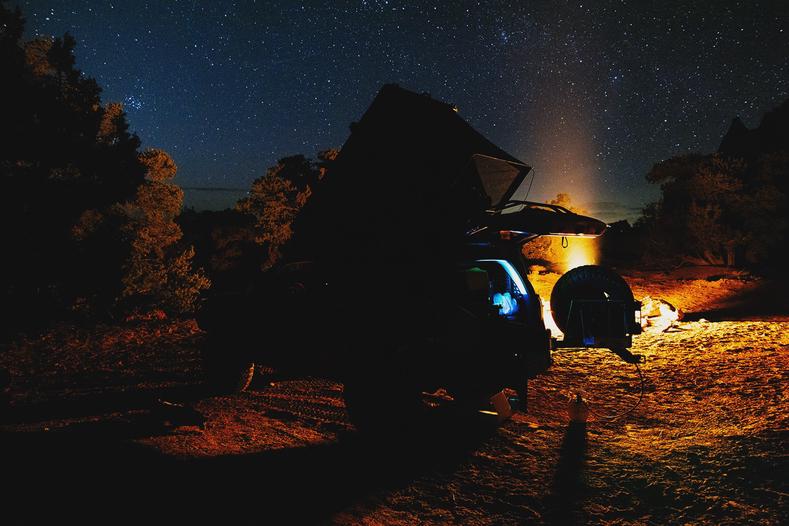 A long exposure night scene at camp. The weather was fair and it cooled off nicely in the evening to make a gentle fire very enjoyable.