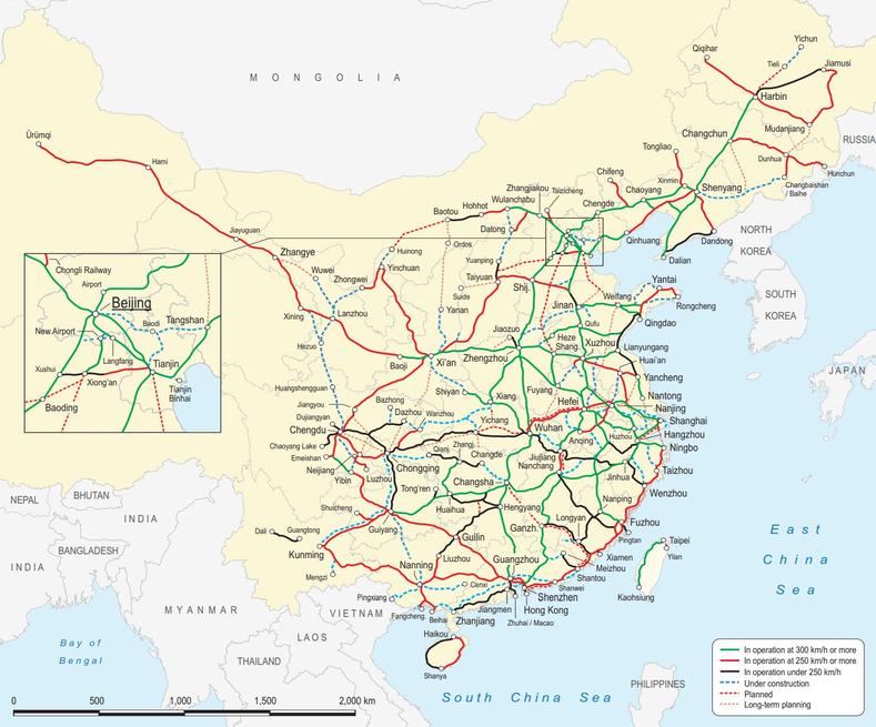 Map of high speed train lines in China from the 2023 High-Speed Rail Atlas drafted by the International Union of Railways.