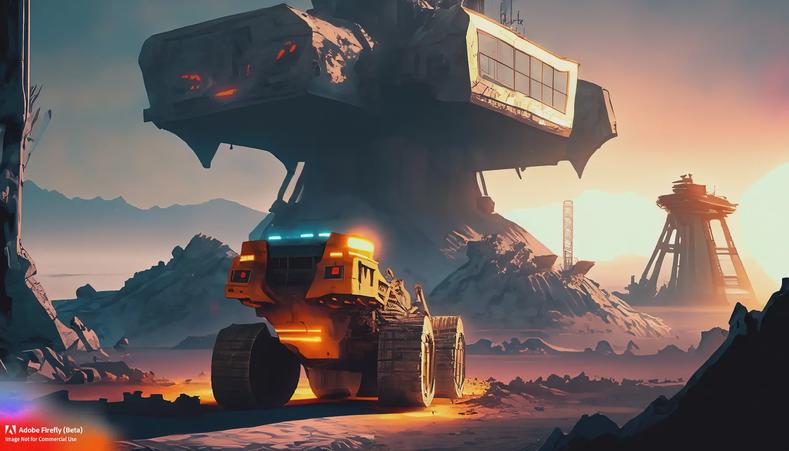 Firefly_futuristic-excavator-vehicles–mining-space-station-with-furnace-in-background–glowing-windows–jagged-mountains-obscuring-horizon–barren-landscape–mining-pit–industrial-wasteland_art-vibrant_colors-dar