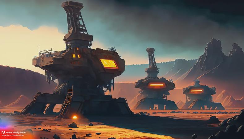 Firefly_space-excavator-vehicles–mining-space-station-with-furnace-in-background–glowing-windows–jagged-mountains-obscuring-horizon–barren-landscape–mining-pit–industrial-wasteland_art-vibrant_colors-dark