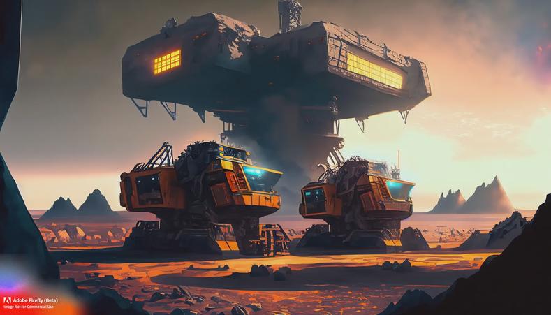 Firefly_space-excavator-vehicles–mining-space-station-with-furnace-in-background–glowing-windows–jagged-mountains-obscuring-horizon–barren-landscape–mining-pit–industrial-wasteland_art-vibrant_colors-dark-sci