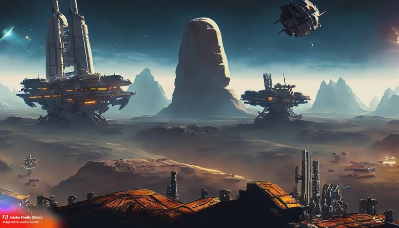 Firefly_space-station–dark-mountains–desolate-landscape–space-ships-docking–mining-operation_art-science_fiction-golden_hour-wide_angle-digital