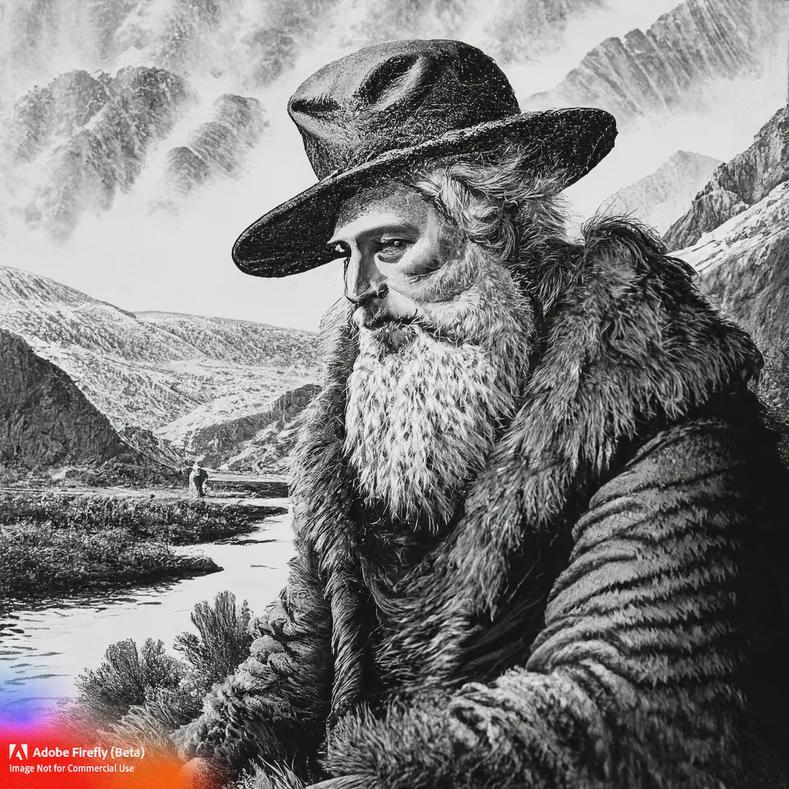 explorer-portrait–mountain-man–beard–fur-clothing–bw–dramatic-light–photo–next-to-river–tired–epic-landscape-background–french–line-etching_art