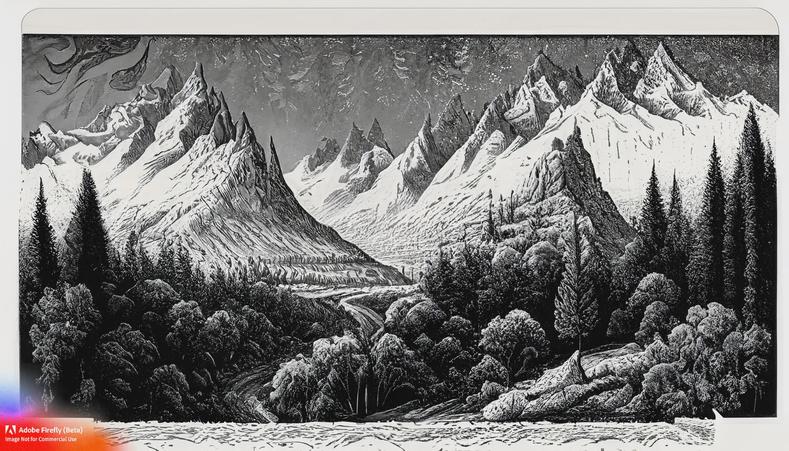 Firefly_lithograph–landscape–grand-mountains–forest–bw–ornate–detailed_art