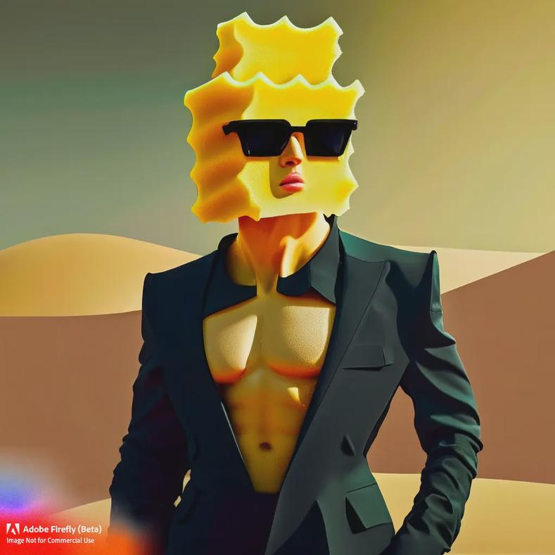 Firefly_fashion-show–square-yellow-sponge-wearing-sunglasses–fashion-show–Balenciaga–black-clothing–sand-dunes–backlit–muscular_cartoon-maximalism