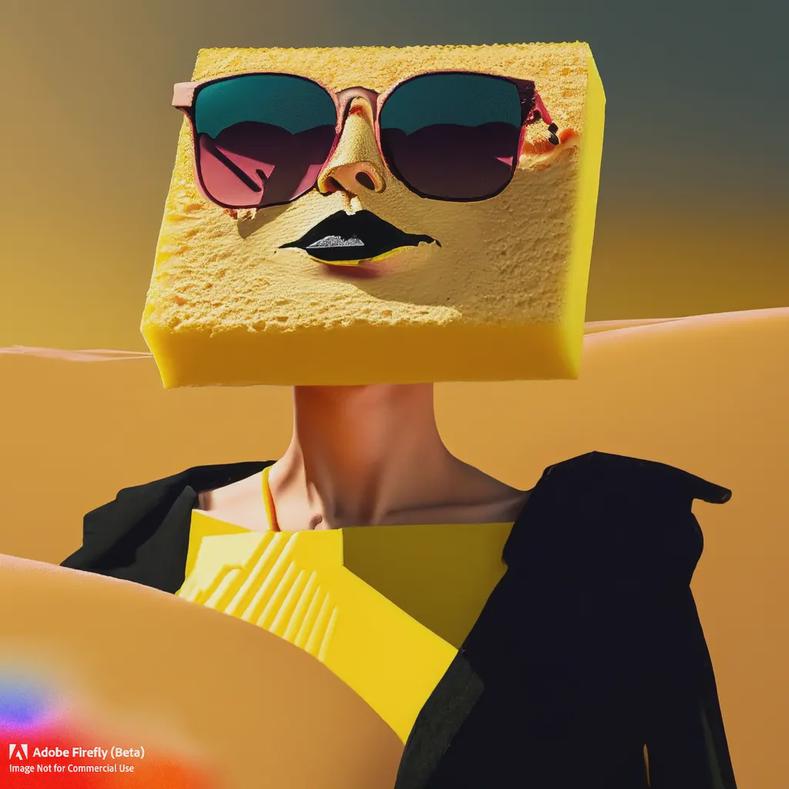 Firefly_fashion-show–square-yellow-sponge-wearing-sunglasses–fashion-show–Balenciaga–black-clothing–sand-dunes–backlit_cartoon-maximalism_96214