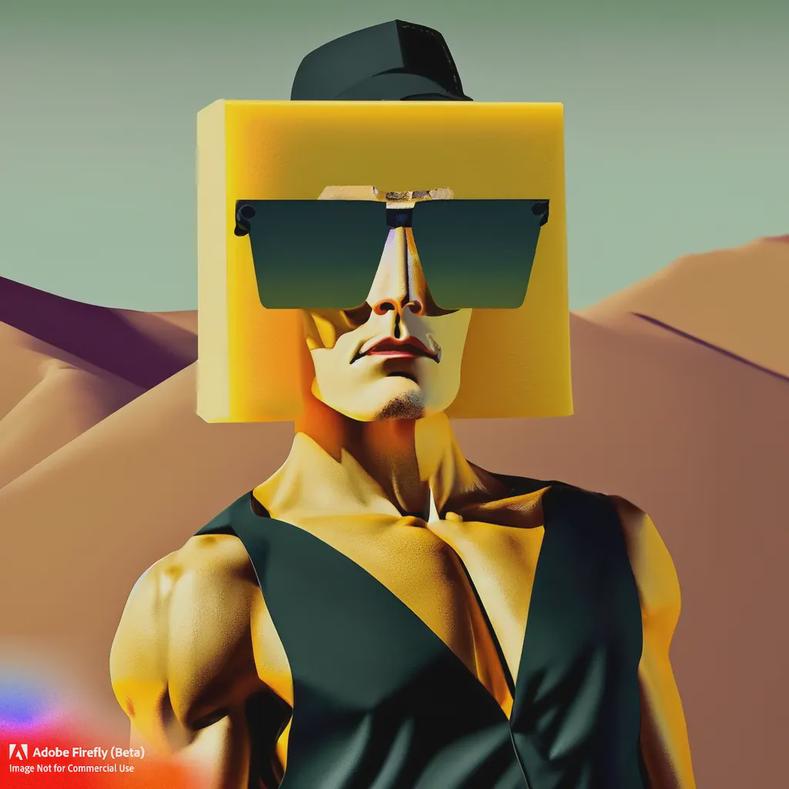 Firefly_fashion-show–square-yellow-sponge-wearing-sunglasses–fashion-show–Balenciaga–black-clothing–sand-dunes–backlit–muscular_cartoon-maximalism