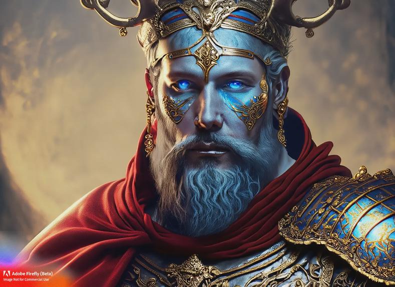 Firefly_portrait-of-male-warrior–red-velvet–beard–blue-glowing-eyes–ornate-gold-armor–regal–gold-halo–lord-of-the-rings_art-baroque-baroque_96422