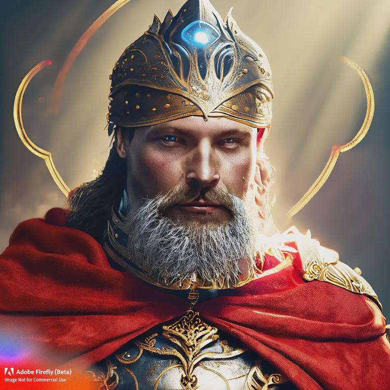 Firefly_portrait-of-caucasian-male-warrior–red-velvet–ornate-gold-armor–medieval–beard–blue-glowing-eyes–regal–halo–single-ray-of-sunlight_art-baroque-dramatic_light_41703