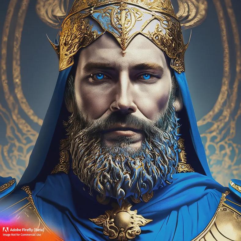 Firefly_portrait-of-male-warrior–blue-velvet–beard–blue-glowing-eyes–ornate-gold-armor–regal–gold-halo–classicism_art-baroque_23436