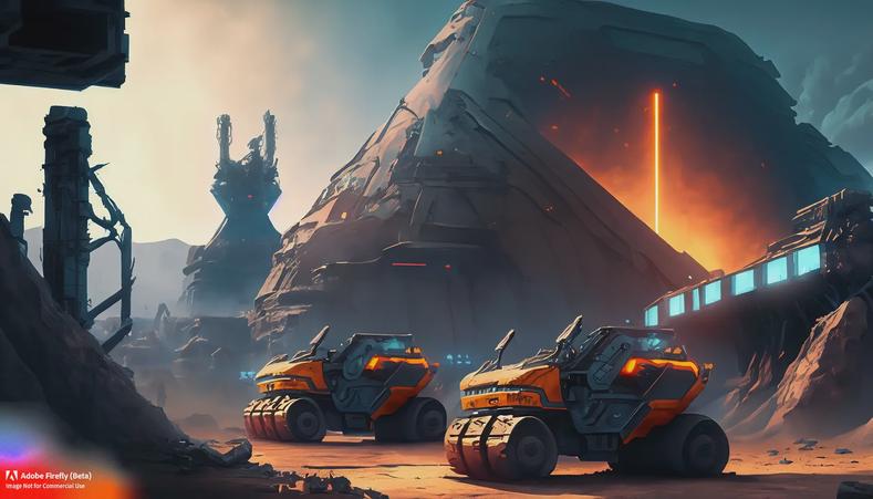 Firefly_futuristic-excavator-vehicles–mining-space-station-with-furnace-in-background–glowing-windows–jagged-mountains-obscuring-horizon–barren-landscape–mining-pit–industrial-wasteland–detailed_art-vibrant