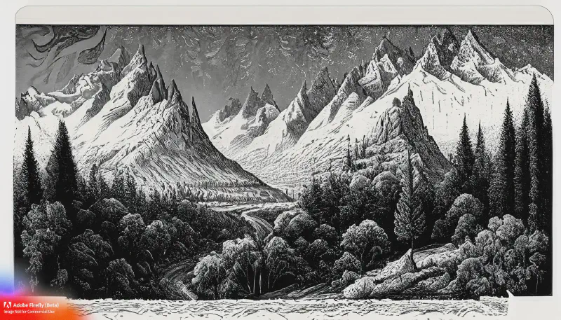 Firefly_lithograph&ndash;landscape&ndash;grand-mountains&ndash;forest&ndash;bw&ndash;ornate&ndash;detailed_art_43178