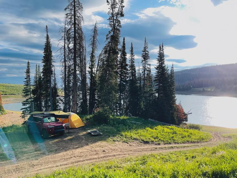 My campsite nestled behind an outcropping of trees.