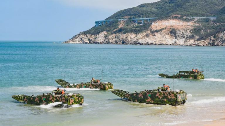 Type 05 amphibious fighting vehicles assigned to the People’s Liberation Army’s 73rd Group Army in Xiamen, Fujian, China, take part in amphibious assault and live-firing exercises on May 12, 2021. Source: John Feng, “China Military’s Taiwan Invasion Force Conducts Amphibious Beach Assault Drills.”.
