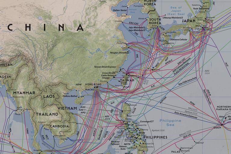 Map of major international submarine internet cables near Taiwan. Source: TeleGeography.